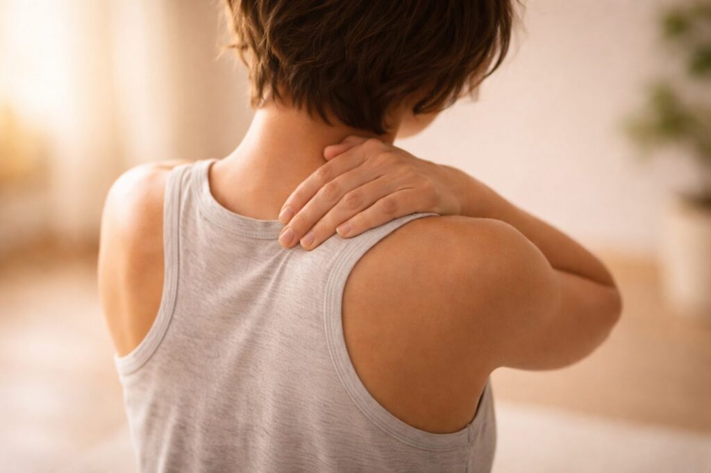 Person holding their neck and shoulder in pain
